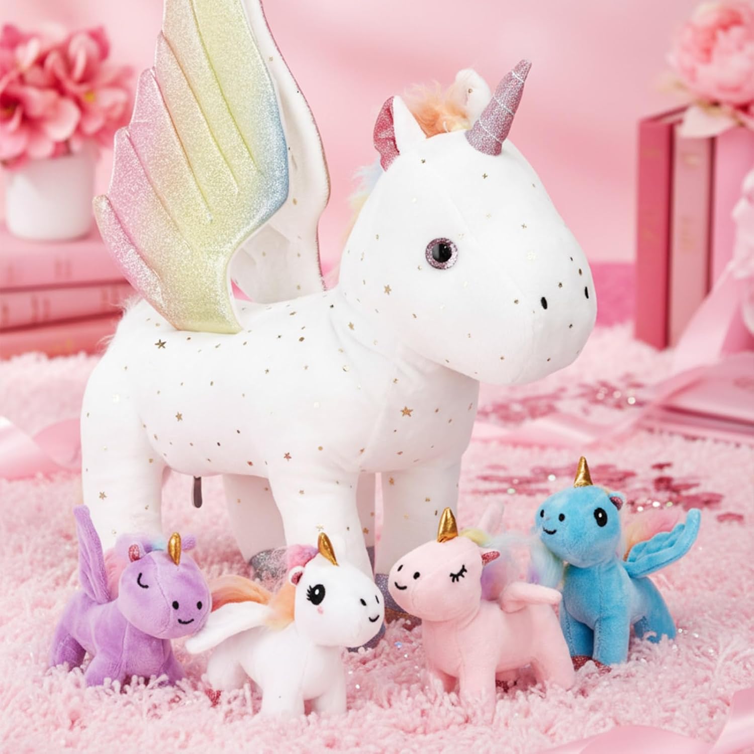5 Pcs Fly Unicorns Plush Toy Gift Set 15.7" Mom Unicorns with 4 Cute Babies Stuffed Animal in Zippered Back Nurturing Plushies Toy Set for Kid Adults Birthday Party Favors Gifts - Image 4