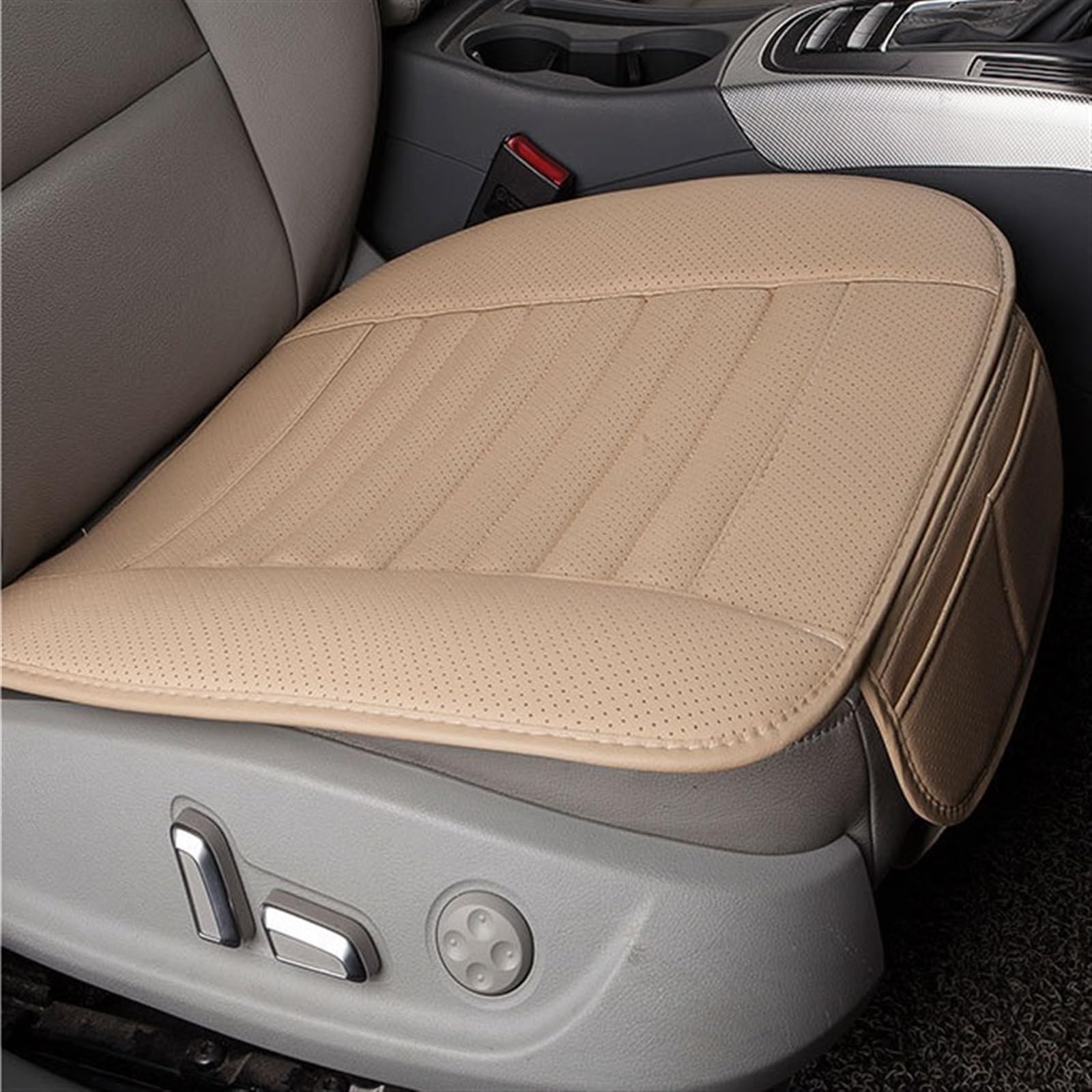 Coussin de siège de voiture universel en bambou et cuir PU beige avec pochette conducteur