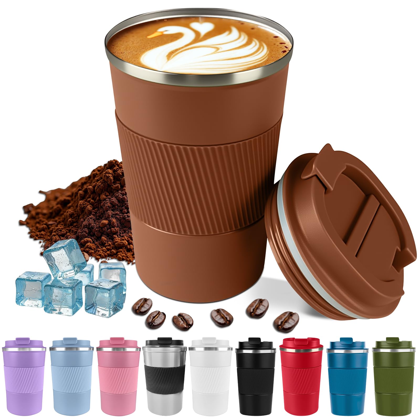 Insulated Coffee Cup with Lid, Leak-Proof Travel Coffee Mug, Reusable Stainless Steel Vacuum Thermos Tumbler, Thermal Insulation Cup for Hot & Cold Drinks for Men & Women (3rd-Brown, 380ml)