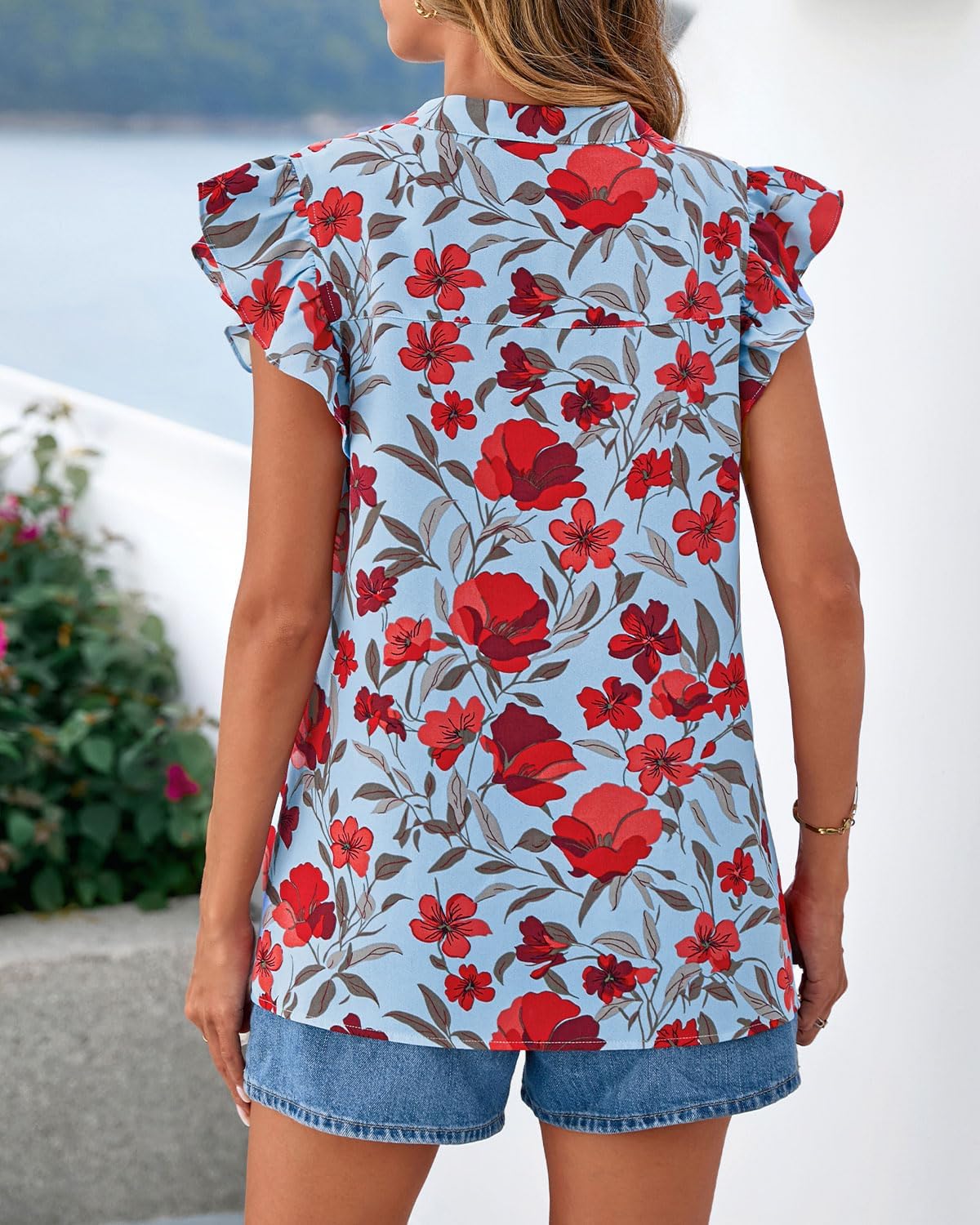 Zenlonr Womens Dressy Casual Tops 2026 Summer Ruffle Cap Sleeve V Neck Shirts Boho Floral Blouses Vacation Outfits - Image 3