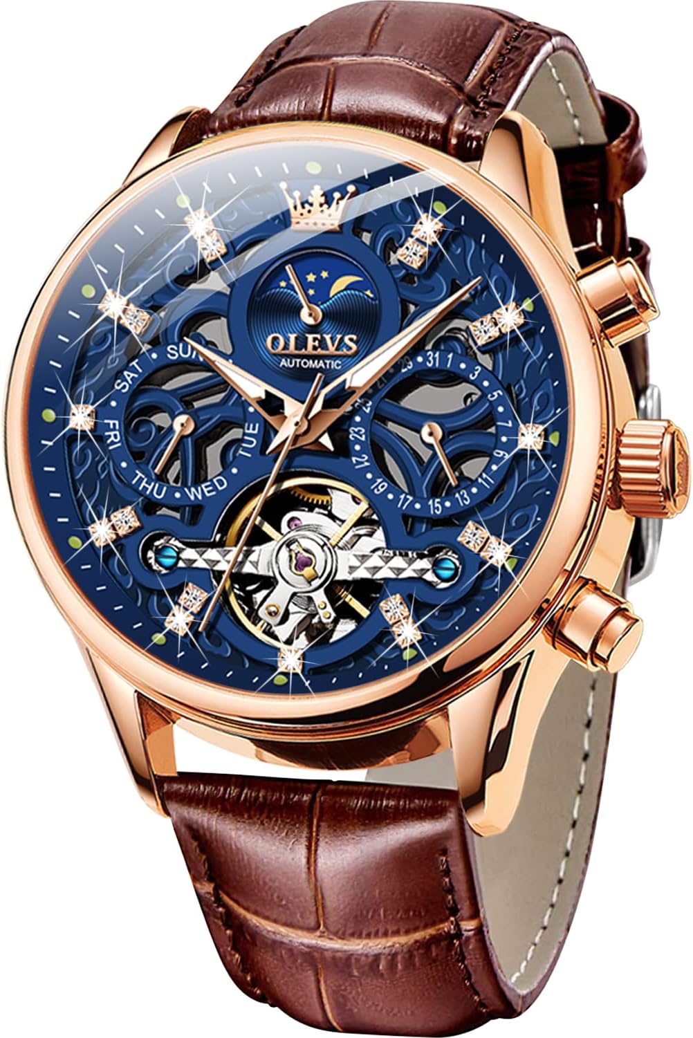 Men's Watch Leather Skeleton Automatic Mechanical Tourbillon Calendar Moon Phase Luminous Waterproof Luxury Business Wristwatch