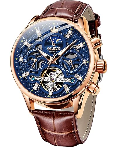 OLEVS Men's Watch Leather Skeleton Automatic Mechanical Tourbillon Calendar Moon