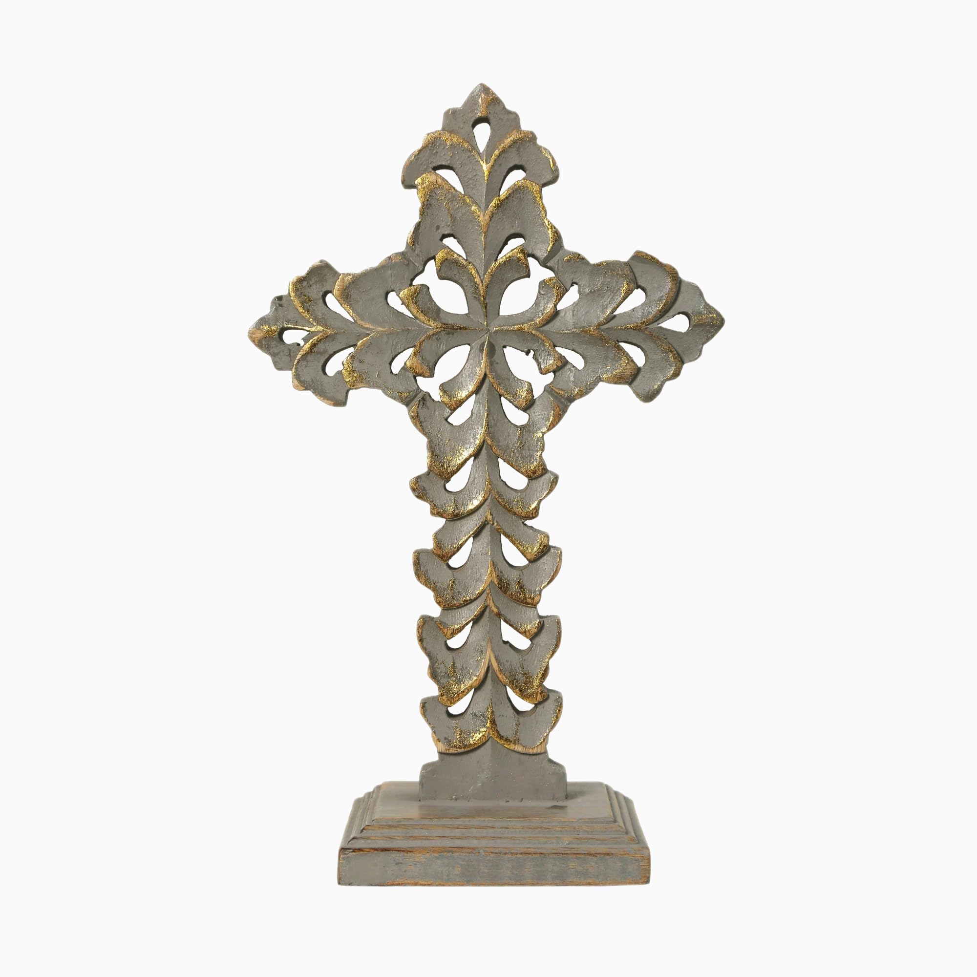 Cruz de madera floral calada EDZZEL con base estable de mesa 4