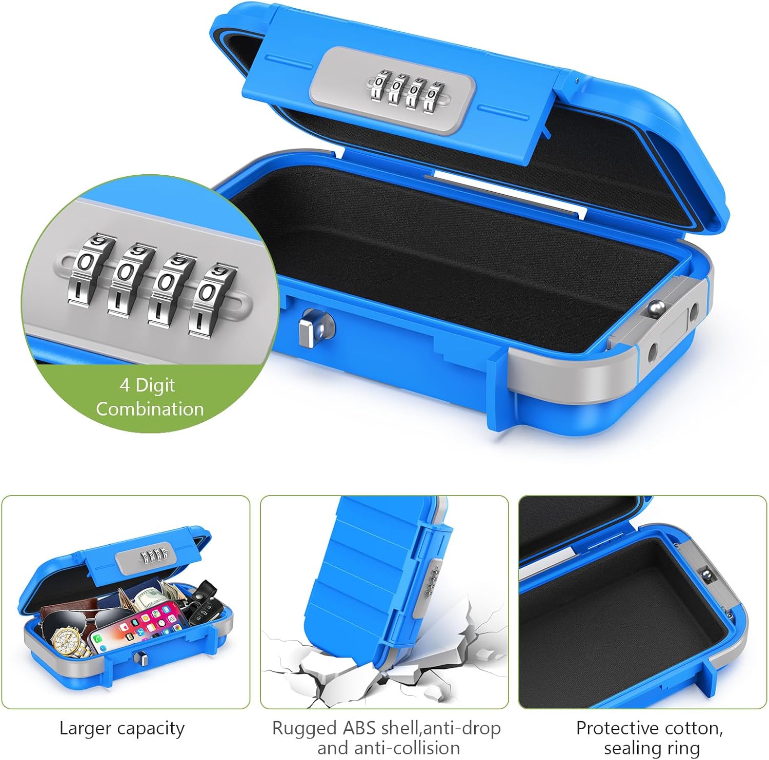 KeeKit Portable Combination Lock Box, Proof Water Personal Box with 4 Digit Combination for Beach, Swimming Pool, Water Work, Shopping Center and Outdoor Camping Activities - Blue