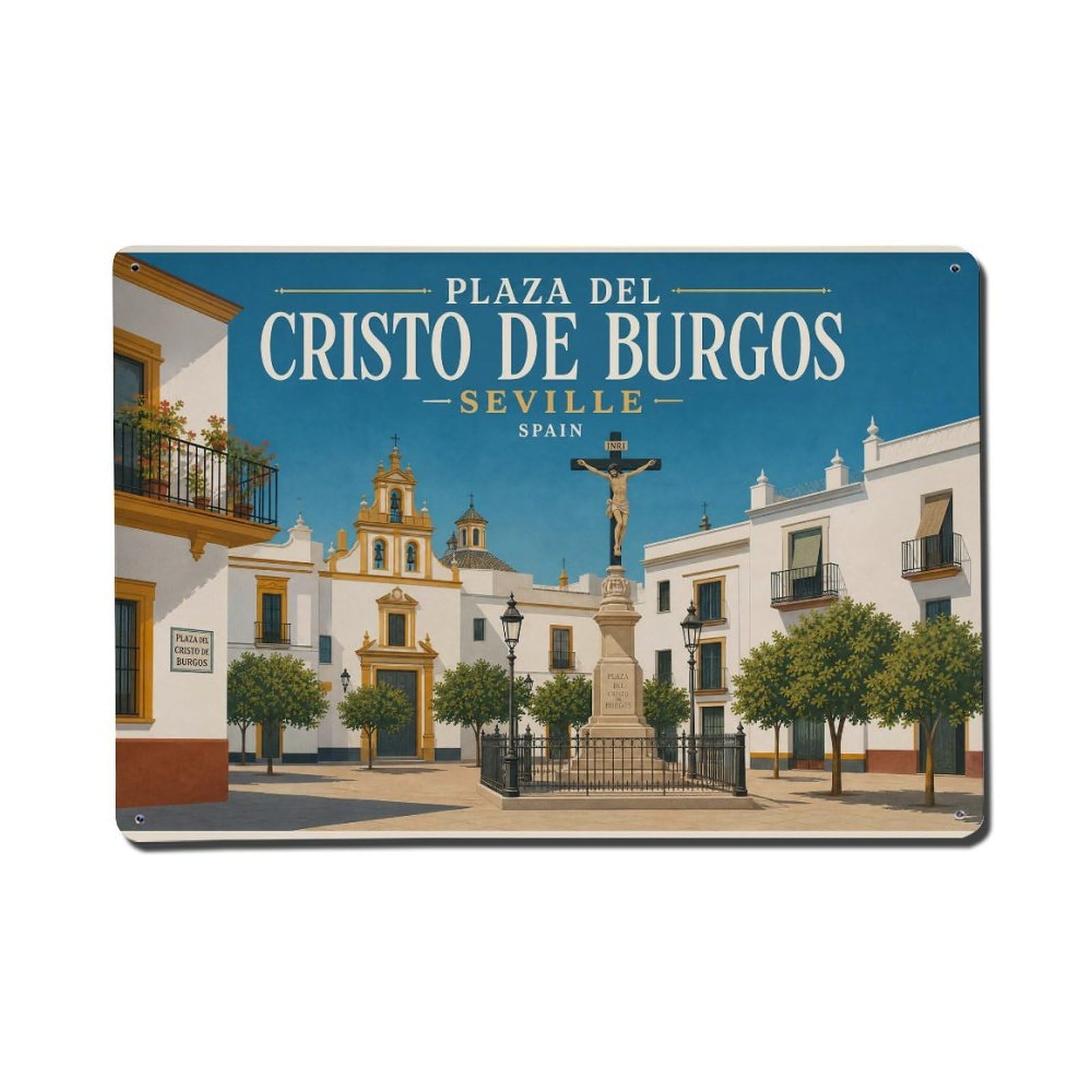 Vintage Travel Plaza Cristo Burgos Seville Religious Metal Tin Sign