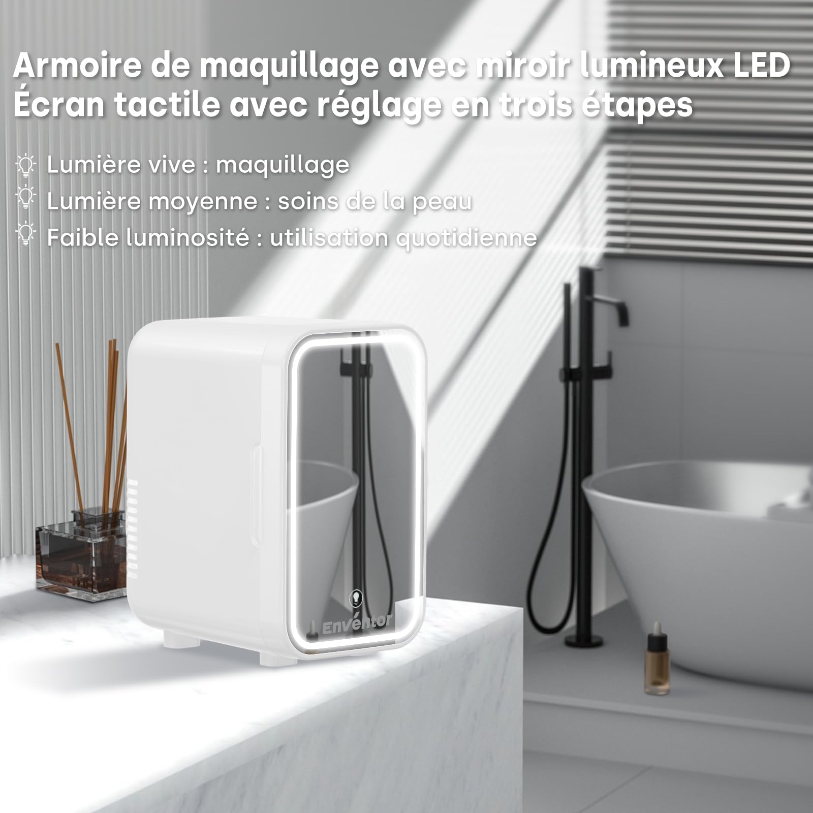Enventor Mini Frigo avec miroir lumineux LED, 6L/8 canettes, Blanc | Petit Frigo pour soins de la peau, CA + 12V CC, refroidisseur et réchauffeur, pour chambres, voiture, cosmétiques