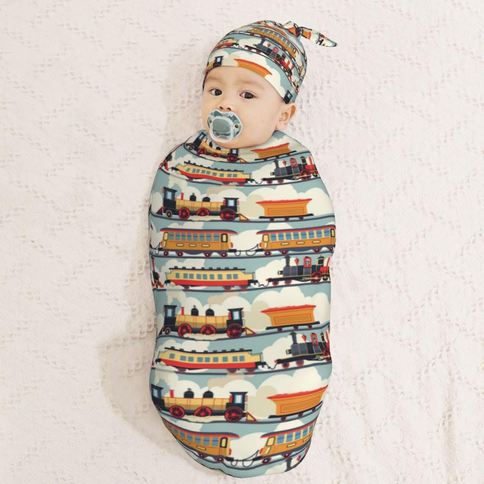 Funny Cartoon Steam Train Newborn Swaddle & Hat Set - Soft Receiving Blanket For Baby Boy Girl Gift - View #5