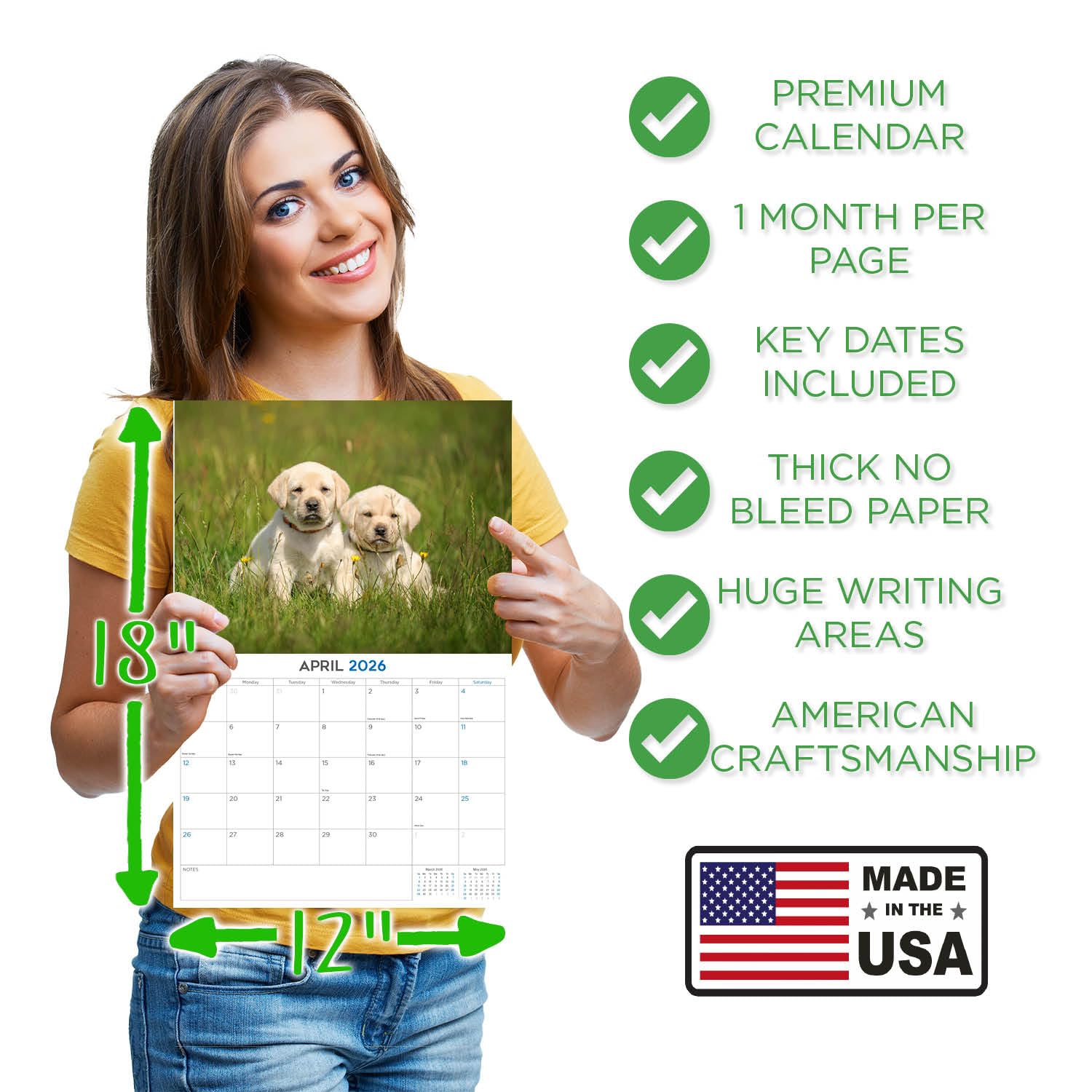 Calendario 2024 2025 de cachorros de labrador amarillo, calendario mensual de pared de raza de perro, 12 x 18 pulgadas, abierto, papel grueso que no se corre, regalo, planificador académico para