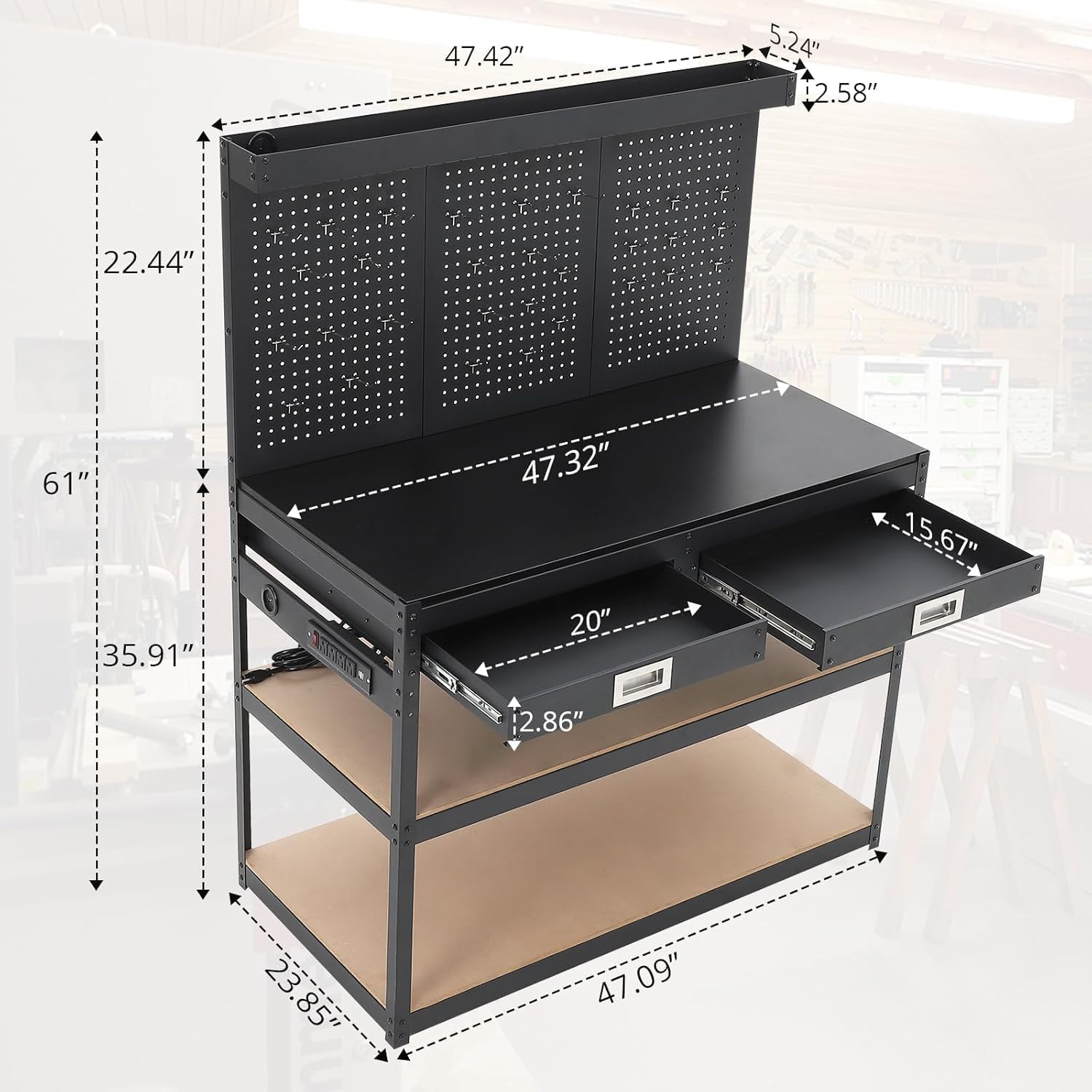 Detailed dimensions diagram of the Euker workbench