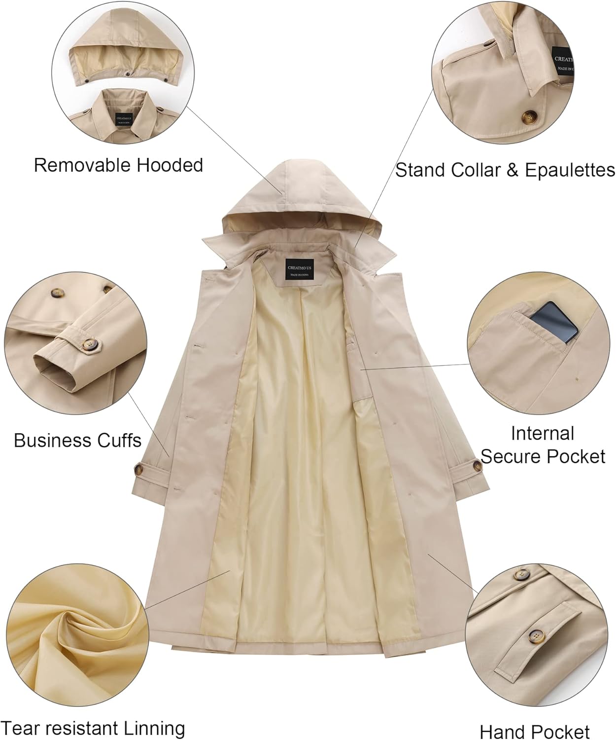 CREATMO US Women's Long Trench Coat Double-Breasted Classic Lapel Overcoat Belted Slim Outerwear Coat with Detachable Hood - Image 5