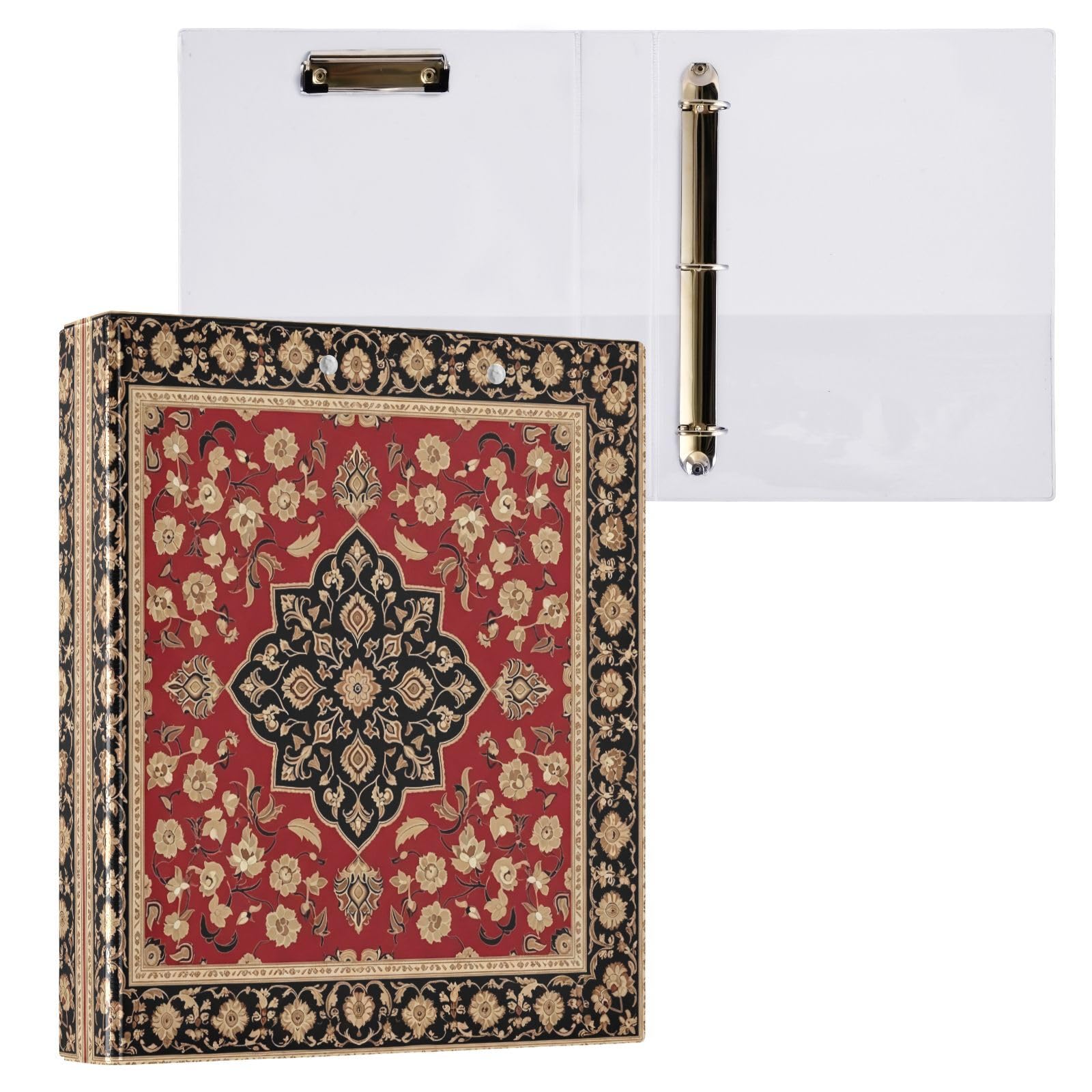Cgiub Red and Black Persian A4 Ring Binder with Clipboard, 3 Ring D Ring View Binder with Inner Pockets, PVC Waterproof Document Organiser Holds 200 Sheets for School, Office, Home, 1 Pack