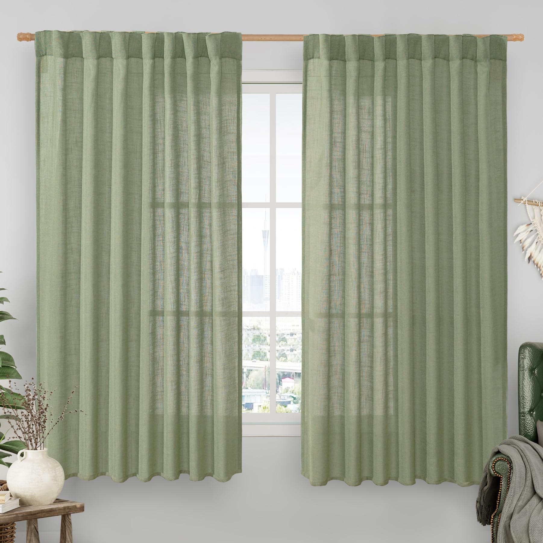 LAMIT Extra Wide Linen Curtains for Bedroom, Light Filtering Faux Linen Textured Panels Semi Sheer Back Tab and Rod Pocket Boho Drapes for Living Room