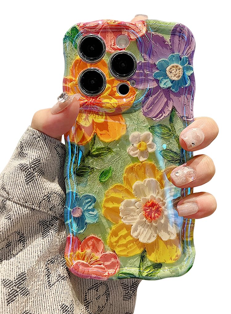 EYZUTAK Case for iPhone 14 Pro Max, Colorful Retro Oil Painting Flower Laser Glossy Cute Curly Wave Edge Case Stylish Durable Soft TPU Protective Phone Cover for Girl Women - Colorful Flower/Green