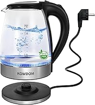 Kowdom Glass Kettle 1.8 L Made of Borosilicate Glass & BPA-Free - 2200 W with Flash Heating | Automatic Shut-Off + Dry Run Protection
