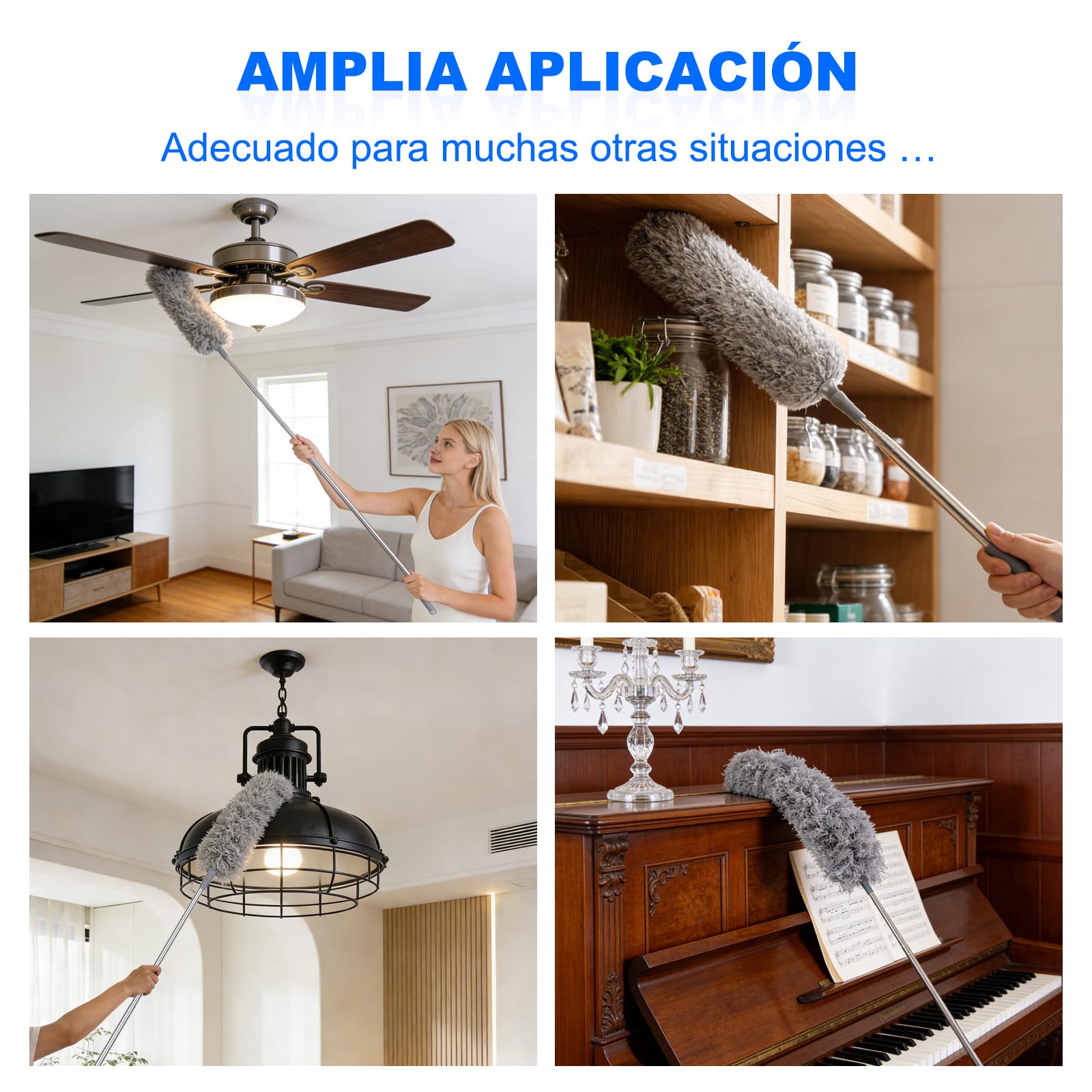 Apasiri Plumero de Plumas con Poste Telescópico Largo y 2 Cabezales de Microfibra Lavables, Herramienta de Limpieza Extensible para el Hogar, Techo y Zonas de Difícil Acceso, Sin Arañazos, Fácil de - 5