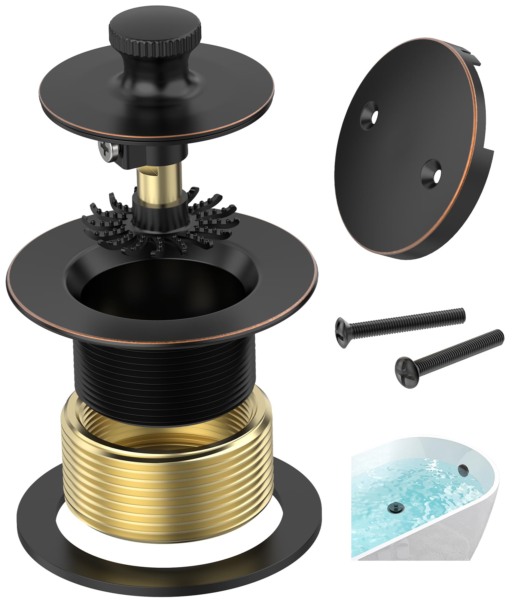 Oil Rubbed Bronze Bathtub Drain, Hair Catcher and 2-Hole Overflow Faceplate, 11.5/16 UNC, Lift and Turn Bathtub Drain Replacement, Tub Drain Stopper