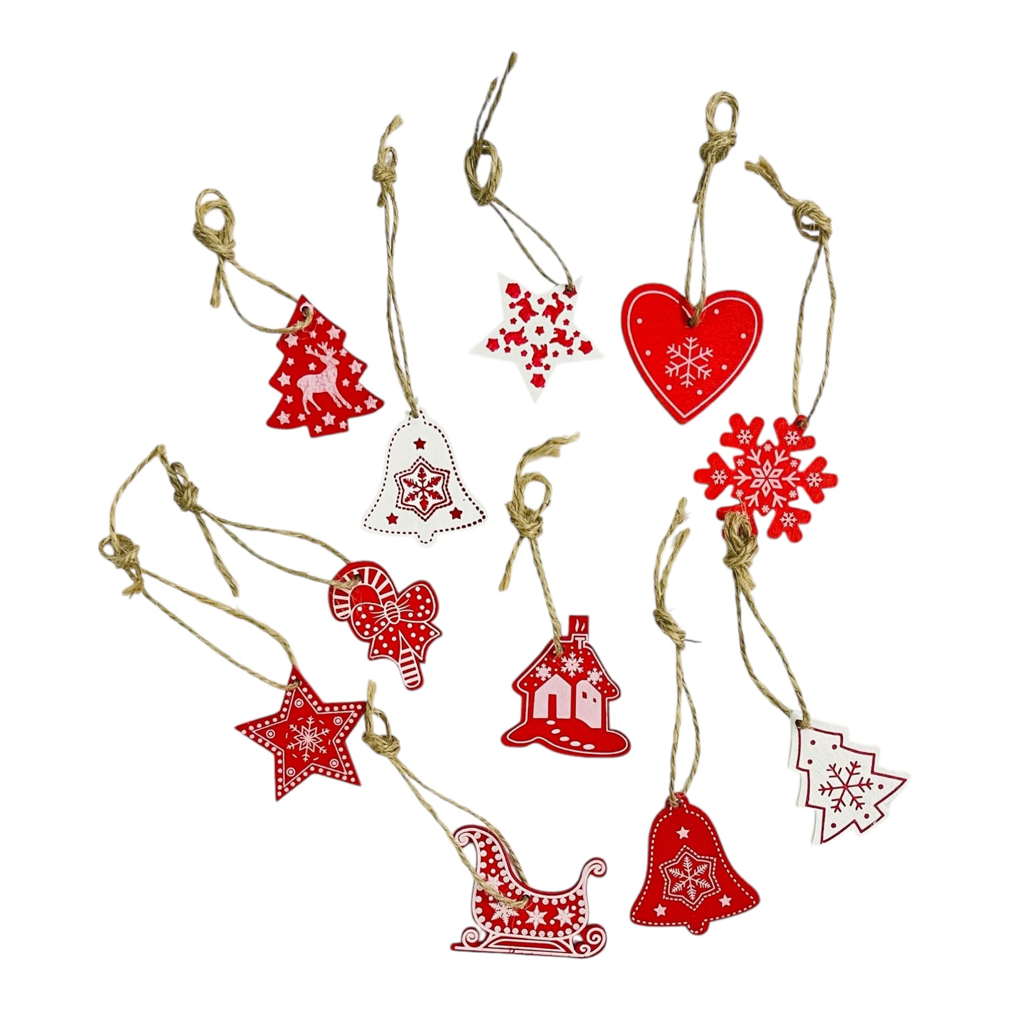 24pcs Christmas Tree Decoration Set with Wooden Hangings, Stars, Candy Canes, Sleds, Bells