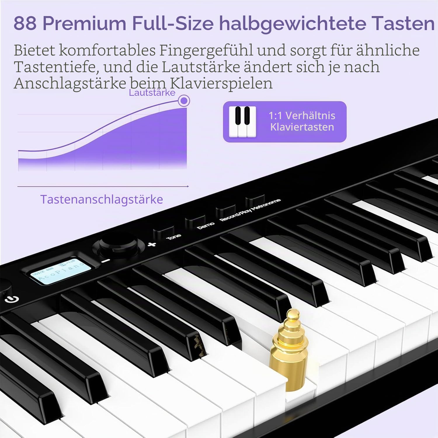 TERENCE E-Piano 88 Tasten faltbar halbgew. BT/MIDI 1800mAh | Keyboard Piano Inkl. Pedal, Notenständer, Audiokabel. 8h Akku. Perfekt für Anfänger, Zuhause oder unterwegs