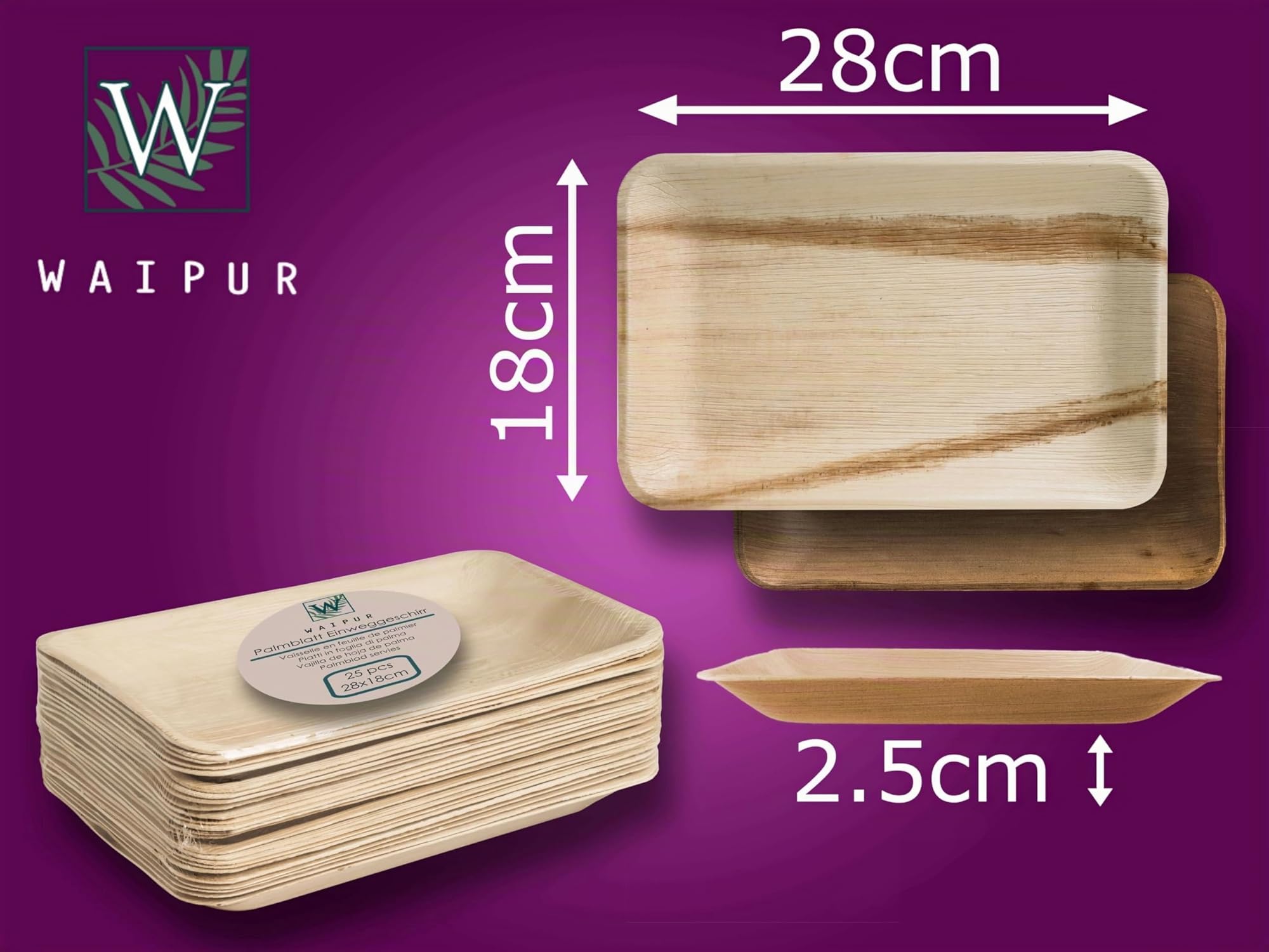 Piatti in Foglia di Palma Ecologici - 25 Pz Rettangolari 28x18 cm - Stoviglie usa e getta Biodegradabili Eleganti - Leggeri e Resistenti - Naturali e Compostabili - Simile al Bamboo e Legno