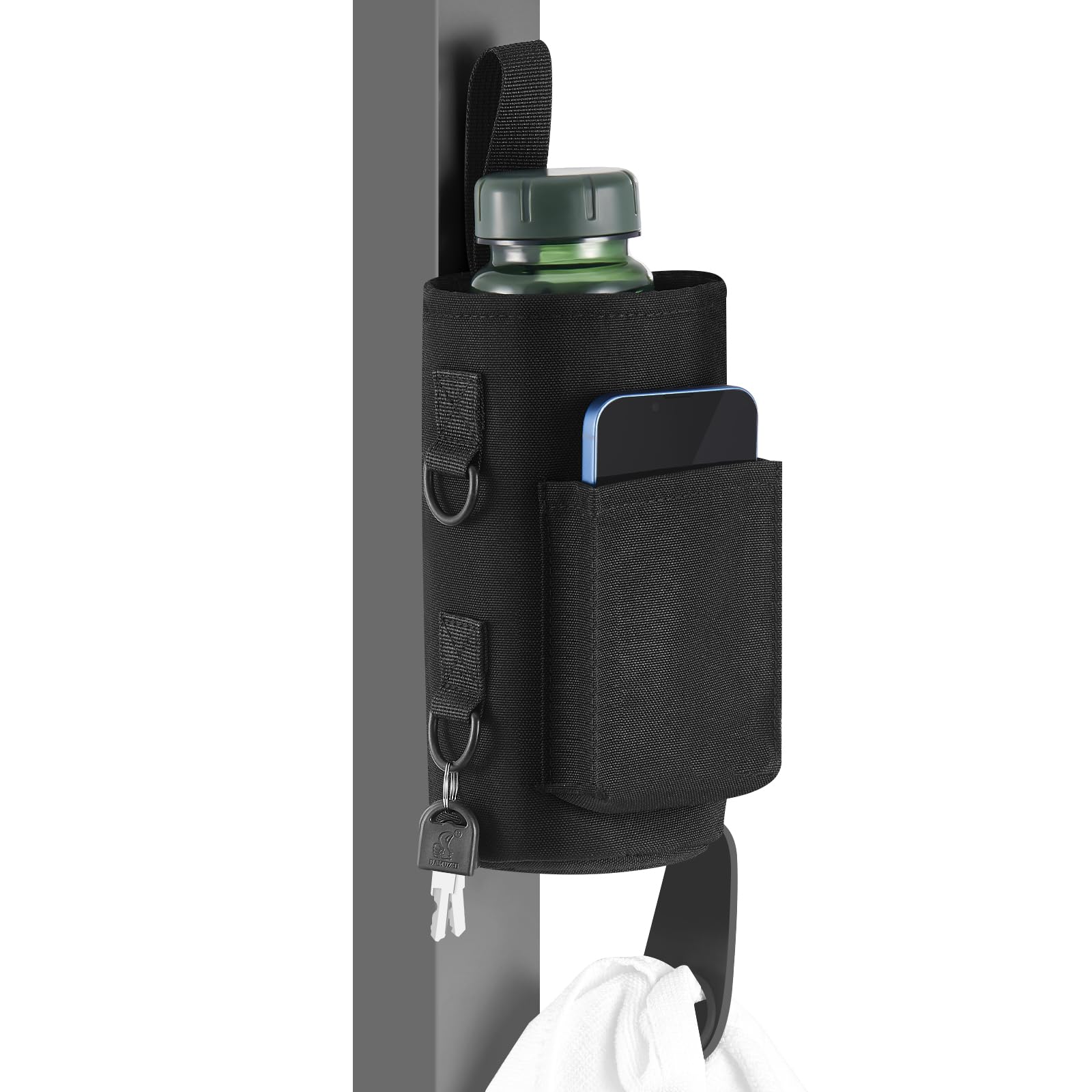 Domensi Magnetic Water Bottle Holder Gym Water Bottle Carrier Bag with Phone Pocket Water Bottle Pouch Sleeve with Silicone Towel Buckle and Sling for Men Women Gym Accessories Organizer Black