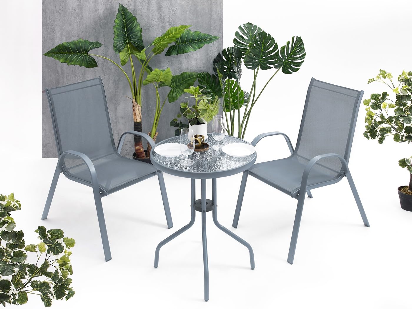 Gartentisch Glastisch Bistrotisch Balkontisch 60x60x70cm Outdoor Garten Terrasse Grau mit gemusterter Glasplatte