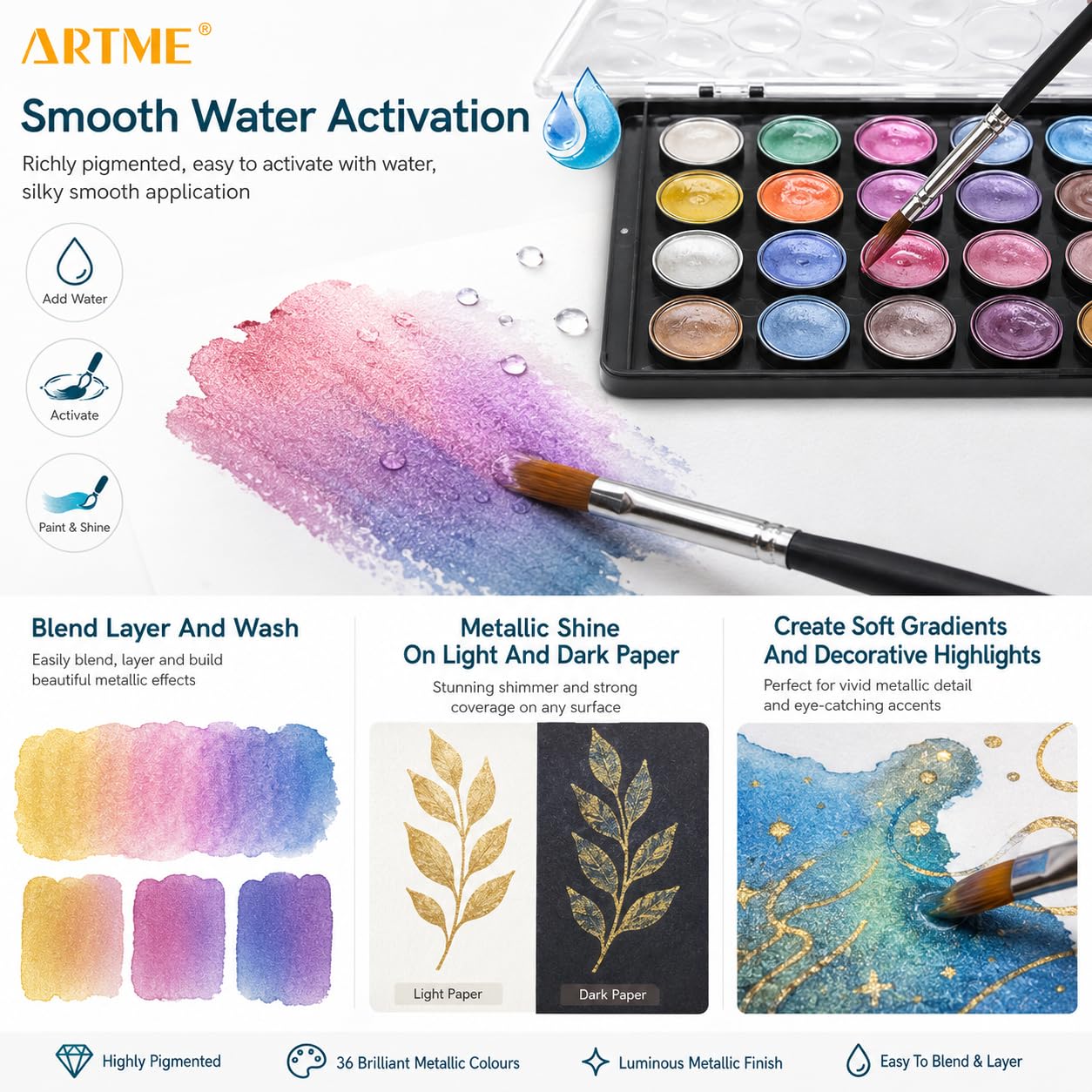 Artme Acuarelas/Paletas metálicas para pasteles de pintura de acuarela con un pincel de artista, 36 colores vibrantes