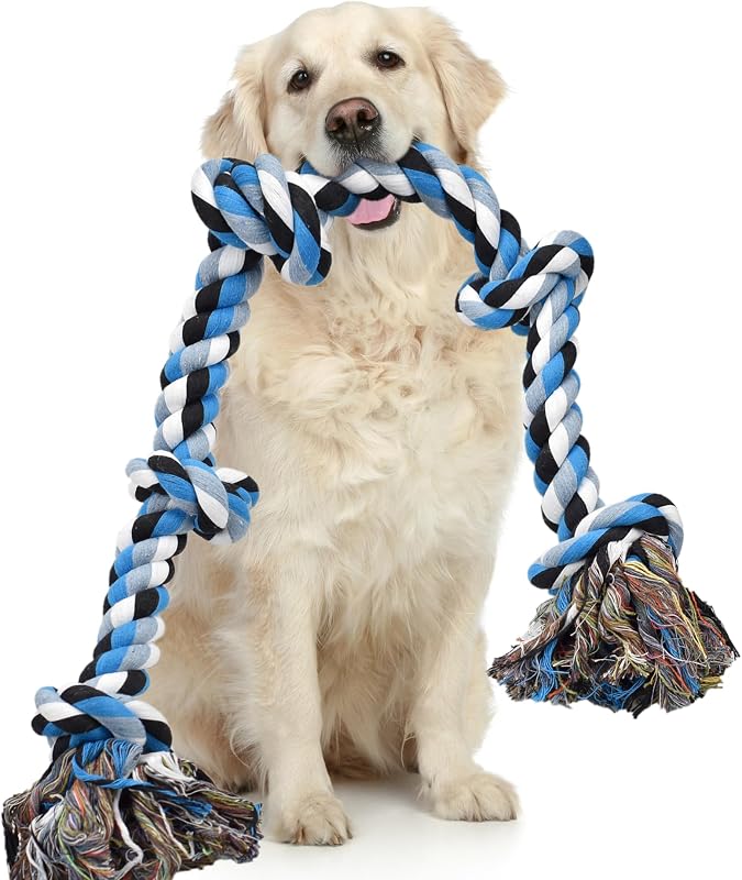 LECHONG Juguetes para perros para masticadores agresivos, juguetes para masticar con cuerda resistente para perros grandes y medianos, 3 pies, 5 nudos, cuerda de algodón indestructible para perros de raza grande, juguete para perros de tira y afloja, limpieza de dientes