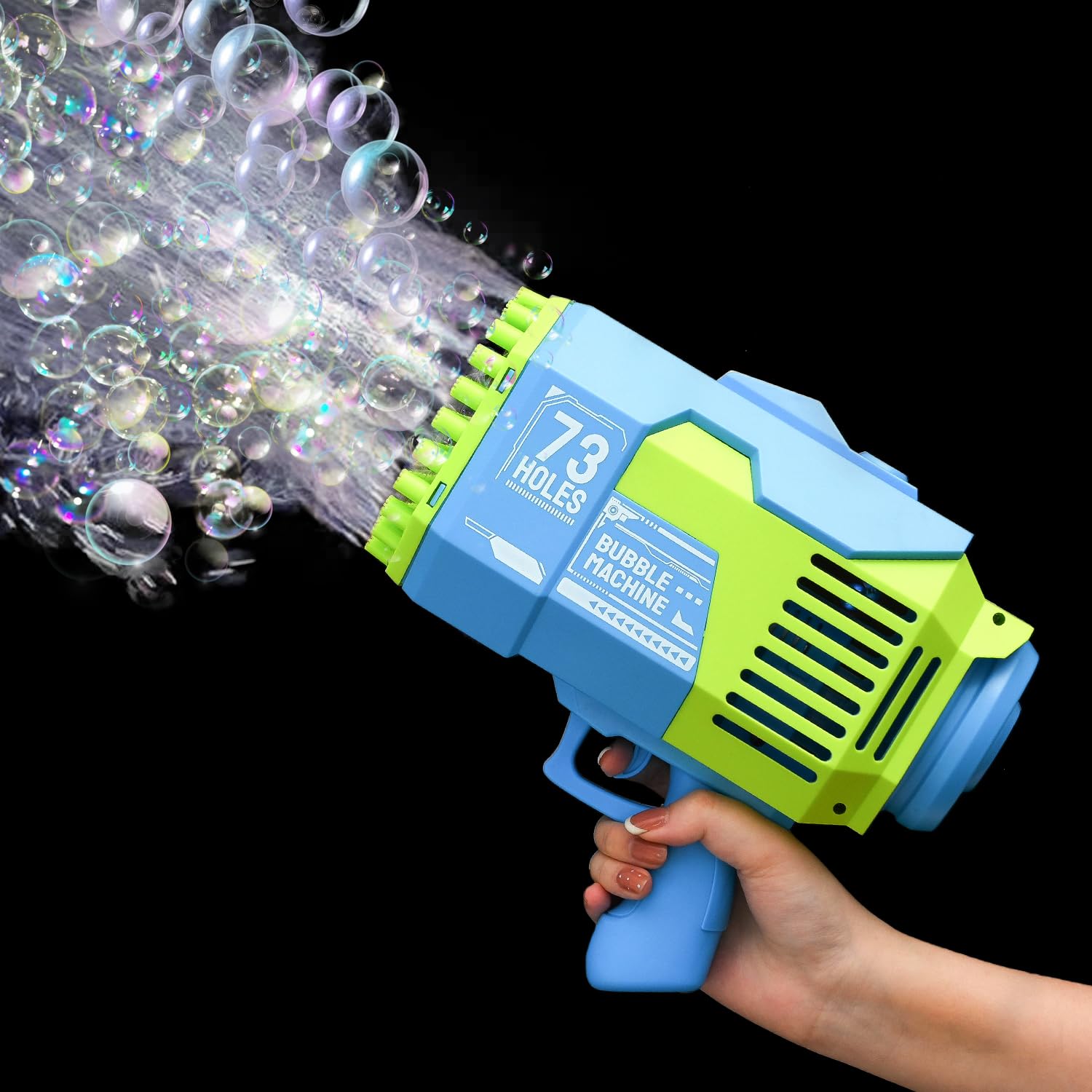 Sparabolle Pistola Spara Bolle di Sapone Automatico Elettrico,Bazooka 73Fori/Luce/Ricaricabile Macchina Bolle di Sapone,Bambini Compleanno Festa Gadget/Matrimonio,XL Bubble Gun Machine Blaster