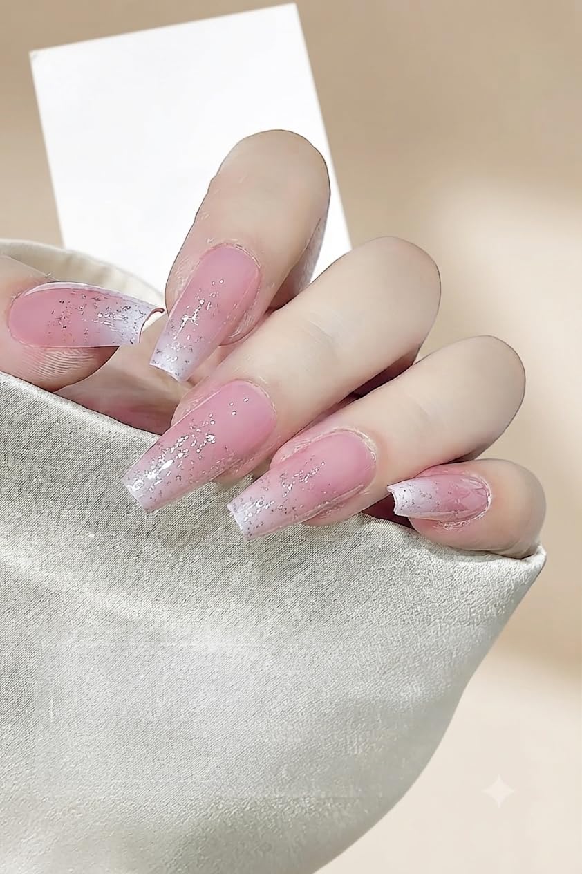 Press on Nails, 24 Pcs Pink Ombre Glossy Coffin Fake Nails | Silver Foil Design, Full Cover, Reusable, Salon Finish, and Party.-image-35