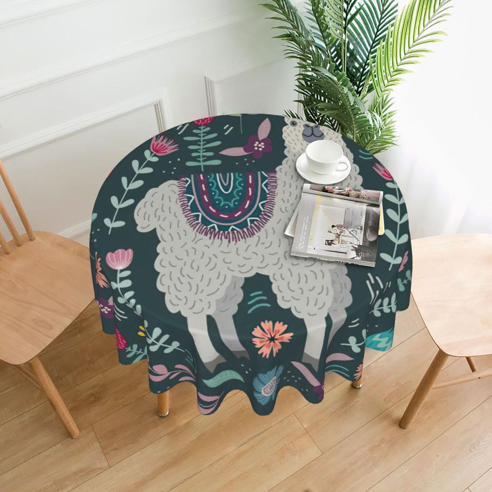Uusnwaa Cute Llama Floral Print Round Tablecloth 60 Inch, Stain Wrinkle Resistant Washable Polyester Table Cover For Kitchen Party