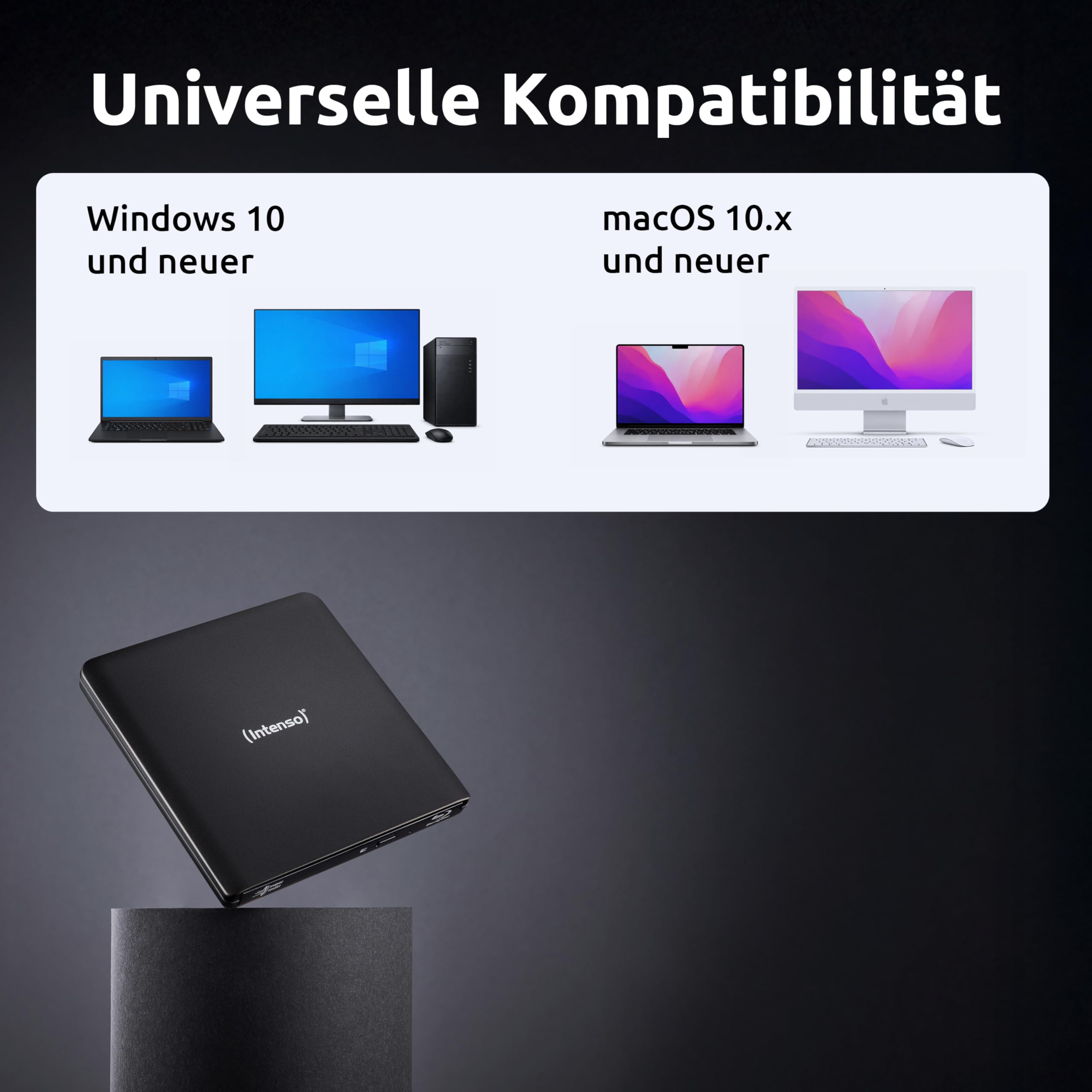 Intenso Lecteur Blu-Ray Externe Graveur Externe EOD 500BD Slim USB 3.2 pour Ordinateur Portable Bureau PC iMac MacBook Windows MacOS + Logiciel de Gravure Gratuit Ashampoo Burning Studio Noir