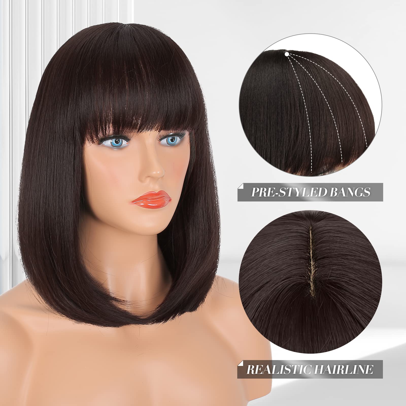 FESHFEN Nero Marrone Corta Parrucca con Frangia Lisci Bob Parrucche Naturale Sintetiche Dritto Uso Quotidiano del Partito Parrucche Capelli per Donne 35cm