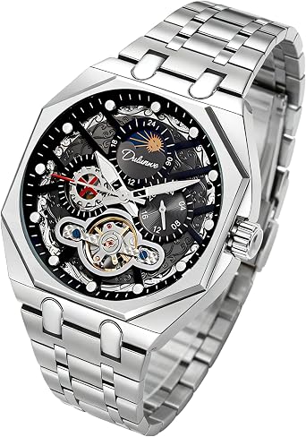 Creative Octagon Carved Watch Case Waterproof Luminous 24 Hour Moon Phase Dial Fully Automatic Mens Tourbillon Hollow Mechanical Wrist Watch, Black, Bracelet Type