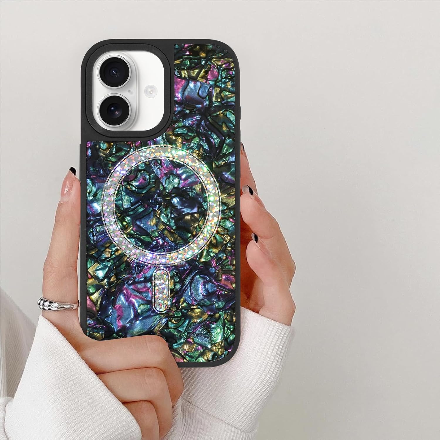 Designed for iPhone 17 Case, Iridescent Abalone Shell Pattern, Elegant Pearlescent Design for Women [Compatible with MagSafe], Magnetic Shockproof Protective Cover, Black & Purple