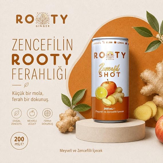 Rooty Shot 200 ml – Zencefil, Elma ve Limon İçerikli Bitkisel Shot İçecek – Doğal İçerik – Günlük Enerji Desteği – 6'lı Avantajlı Paket