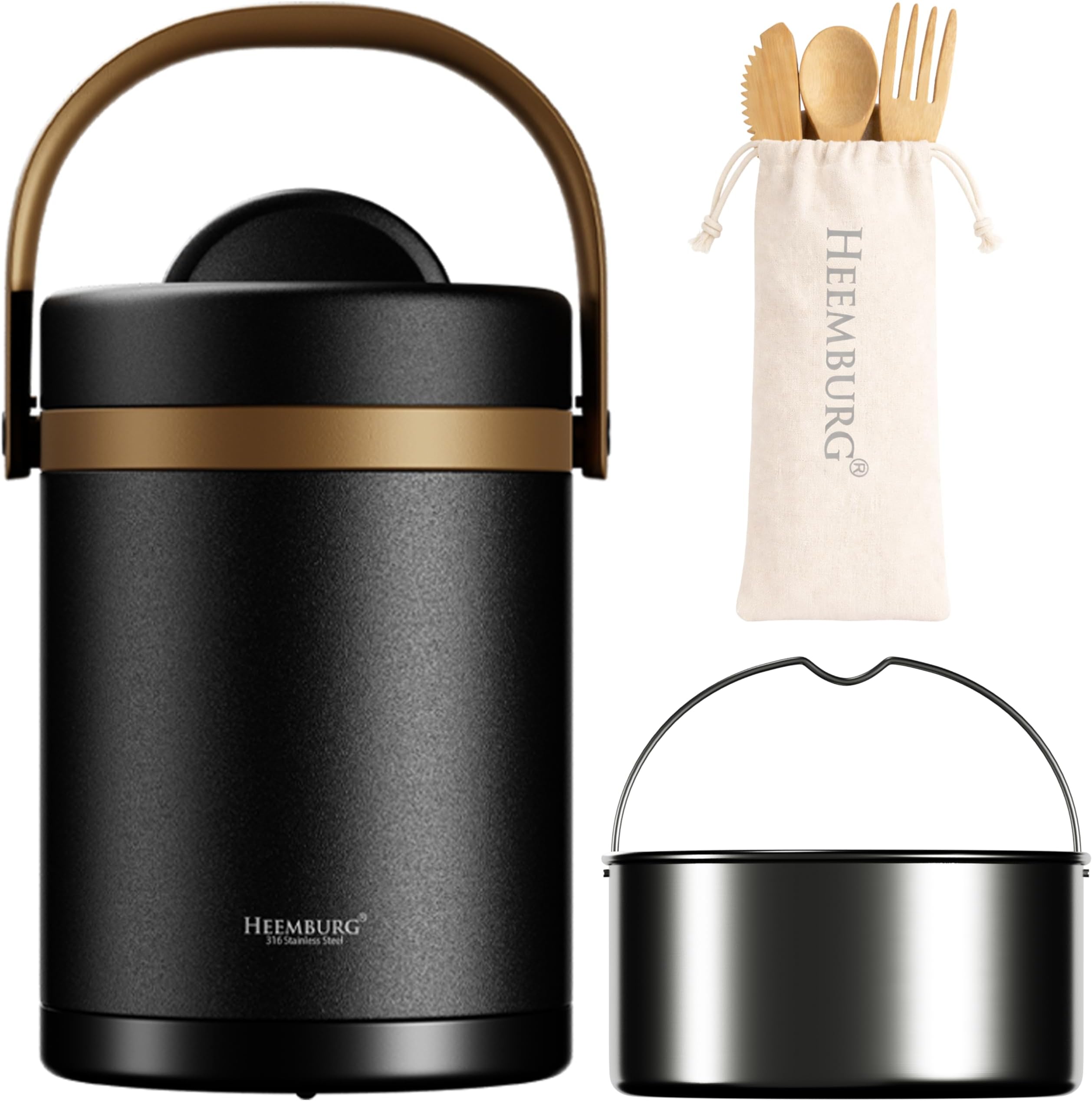 2L Thermal Food Flask, Premium 316 Stainless Steel Insulated Lunch Container, Leak-Proof Vacuum Jar for Hot & Cold Meals, Includes Internal Bowl & Bamboo Cutlery Set - Matte Black