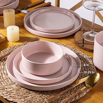AmorArc Ceramic Dinnerware Set for 8 | Speckled Stoneware Plates and Bowls with Rustic Terracotta Underside| Scratch Resistant,Dishwasher & Microwave Safe Dishes Sets- 24pcs Pink