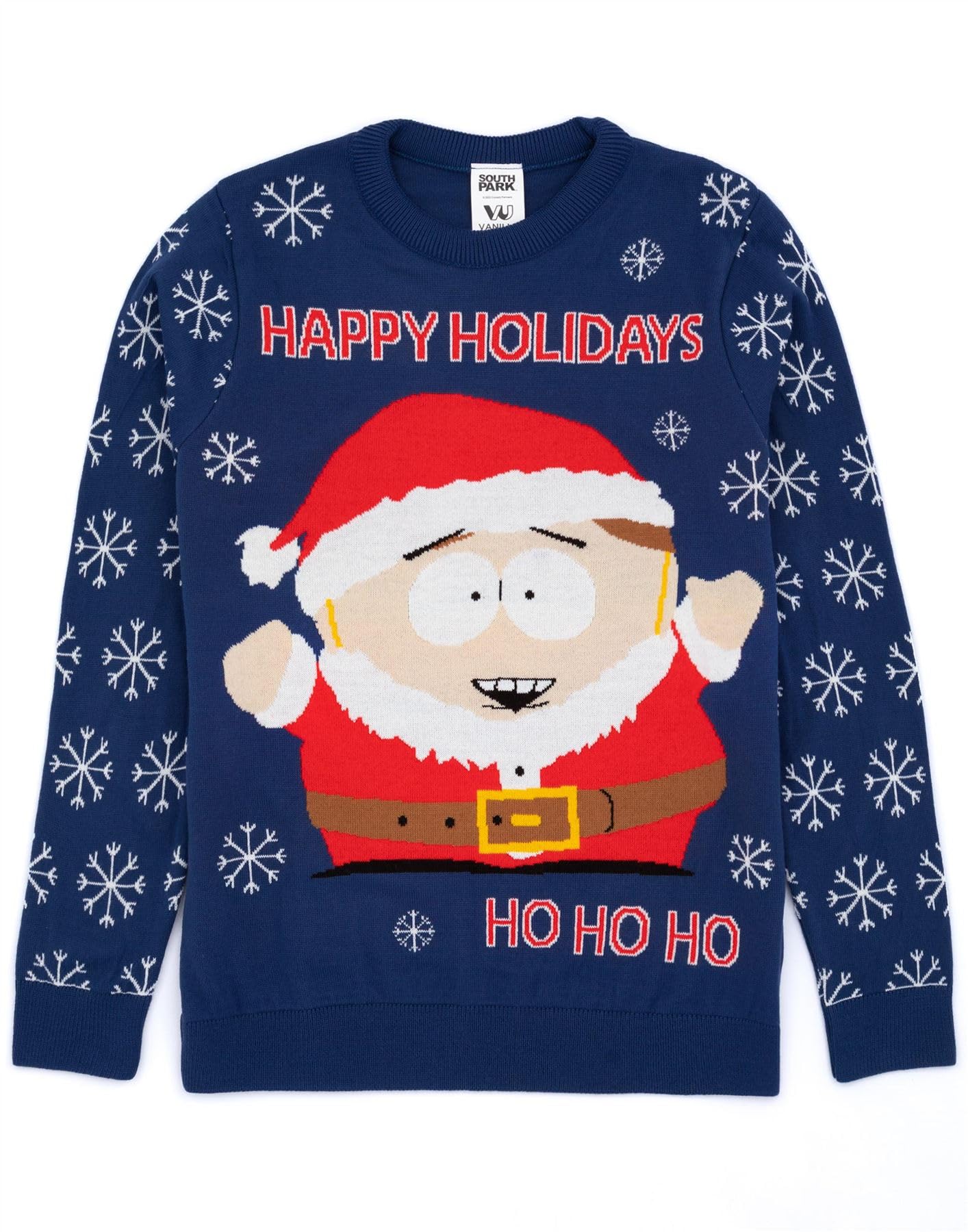 South Park męski sweter bożonarodzeniowy | Dorośli panie Eric Cartman Święty Mikołaj świąteczny granatowy sweter z dzianiny | Sitcom prezenty świąteczne dla niego dla niej, NIEBIESKI, XL