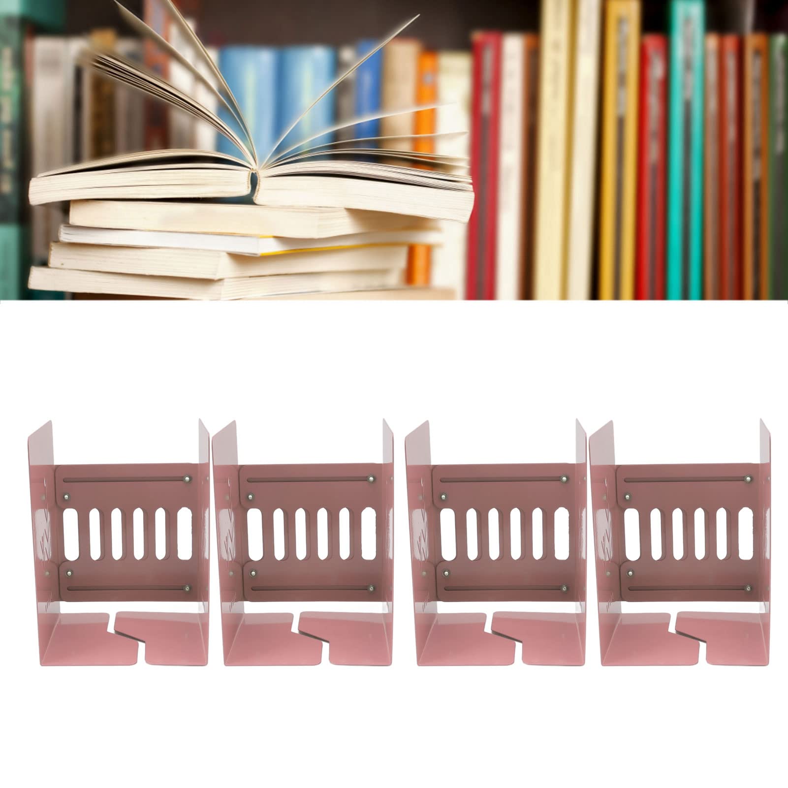 Qcwwy Supporti per Fermalibri in Metallo da 4 Pezzi, Organizer per Scaffali per Libri Retrattili, Grande Portante, Fermalibri Regolabile e Sottile, Salvaspazio, per Desktop, per Ufficio, (rosa chiaro)