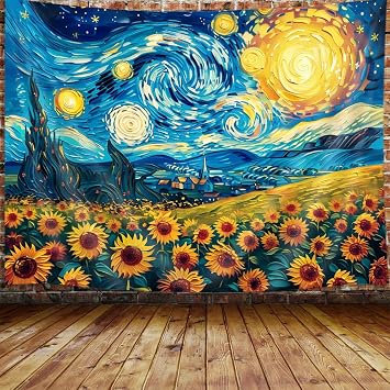 MERCHR Sunflower Starry Night Art Tapestry Aesthetic, Vintage Fantasy Nature Oil Painting Tapestry Wall Hanging for Bedroom, Fall Flower Tapestries Poster Blanket College Dorm Home Decor 80X60 Inches