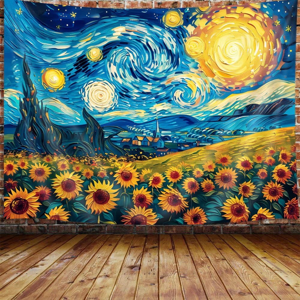 MERCHR Sunflower Starry Night Art Tapestry Aesthetic, Vintage Fantasy Nature Oil Painting Tapestry Wall Hanging for Bedroom, Fall Flower Tapestries