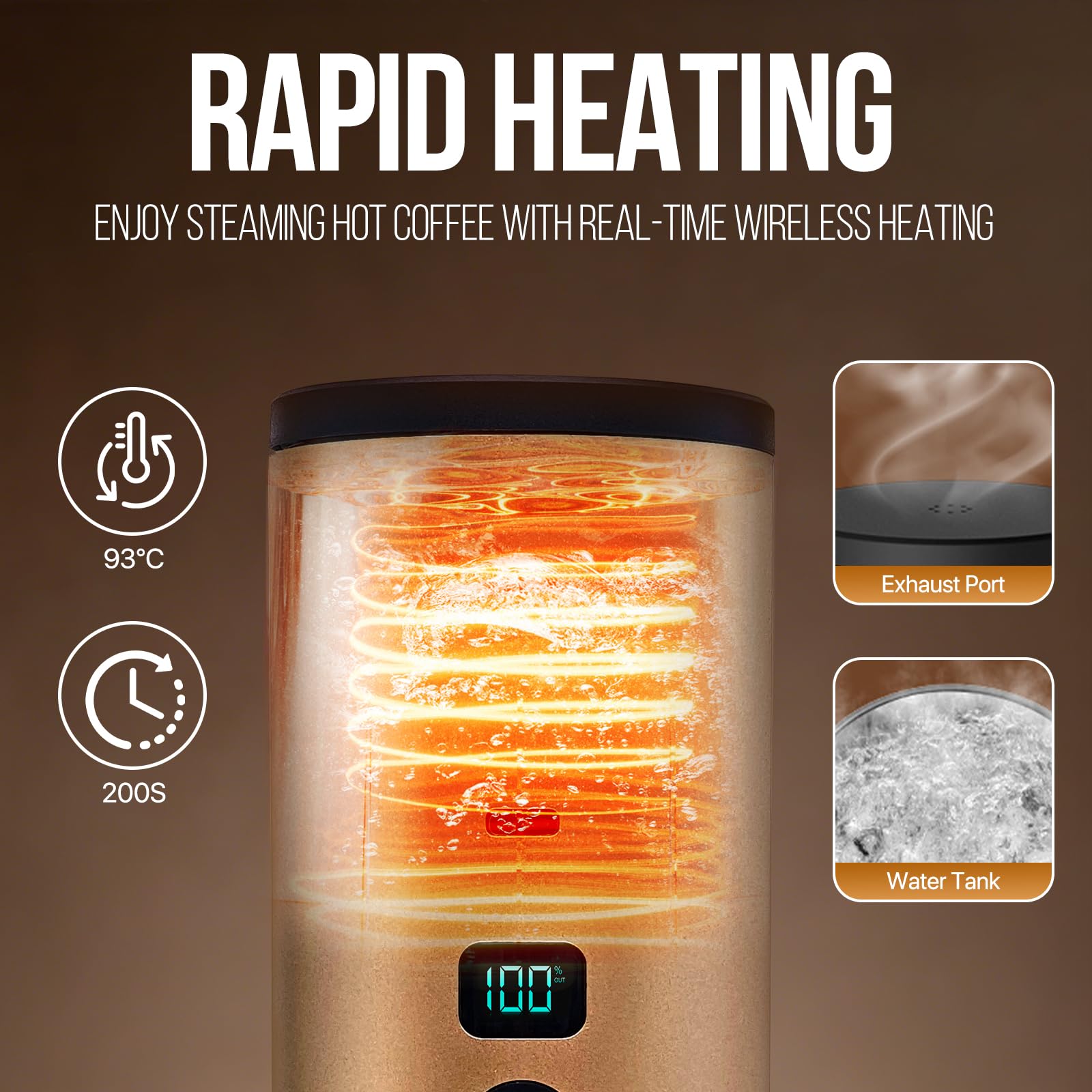 Machine à Café Portable, 3-en-1 Cafetière Nomade Chauffante Rapide, Sans Fil & Auto-Chauffante - Avec Batterie 7800mAh, Fonction de Charging USB-C, Compatible NS/DG/Café Moulu (Or)