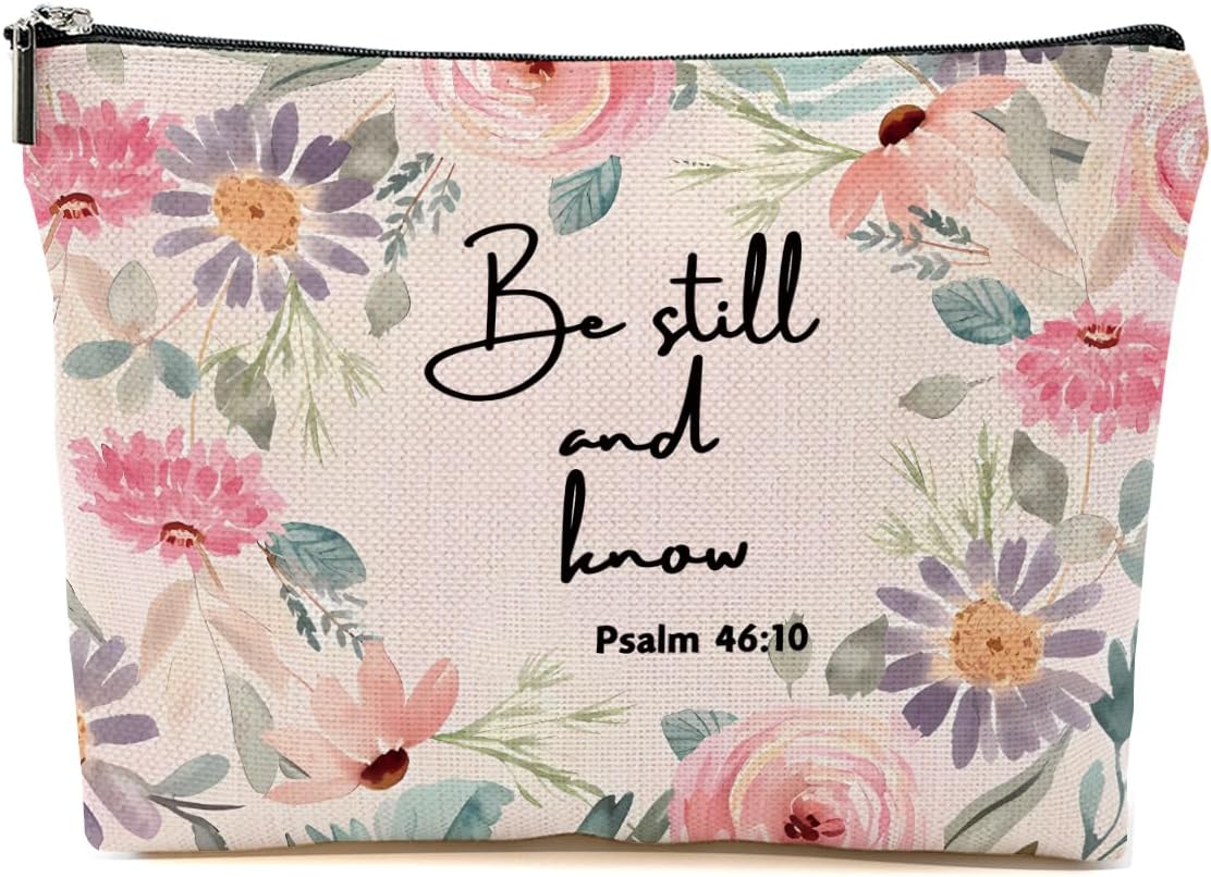 Blue Leaves Bible Verse Makeup Bag for Women Floral Cosmetic Bag
