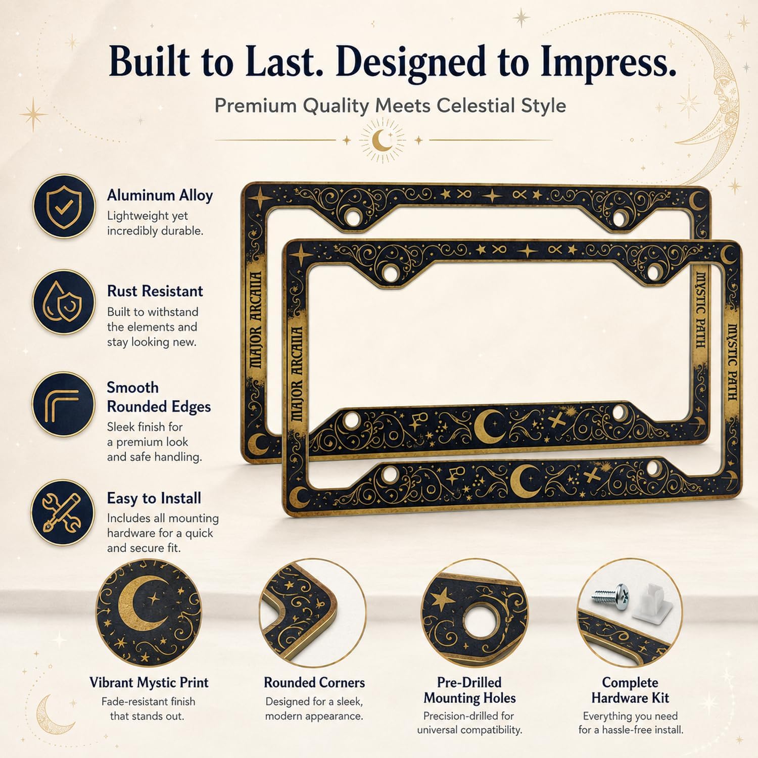 2 Pack Tarot Card Mystic Moon and Stars License Plate Frames, Aluminum Alloy Celestial License Plate Covers, Witchy Decorative Car Plate Holders for Standard U.S. Plates, Astrology Lover Gift image 4