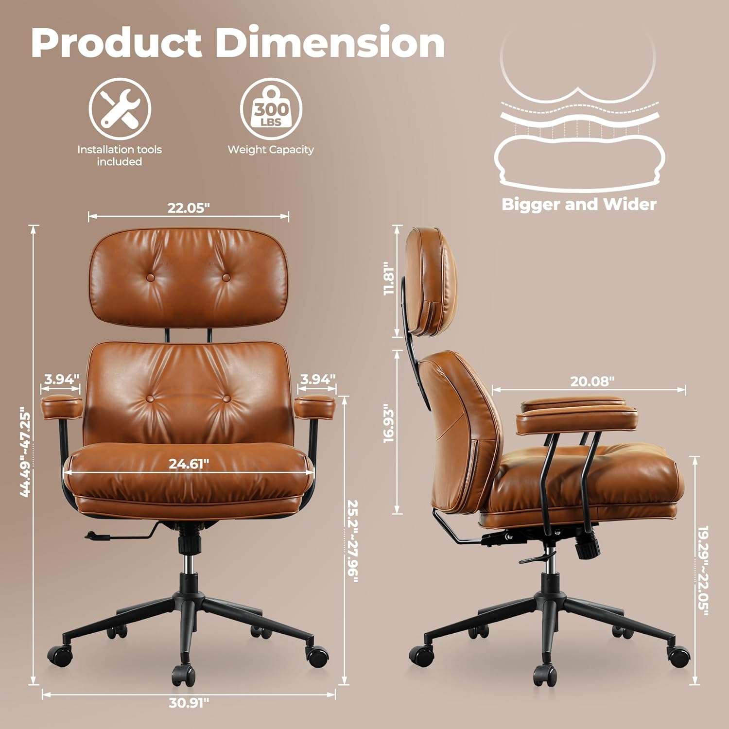 ovios Ergonomic Office Chair, Mid-Century Modern Faux Leather Executive Chairs with Thick Cushion, Comfy High Back Swivel Rolling Computer Armchair (Brown, PU Leather) - Image 7