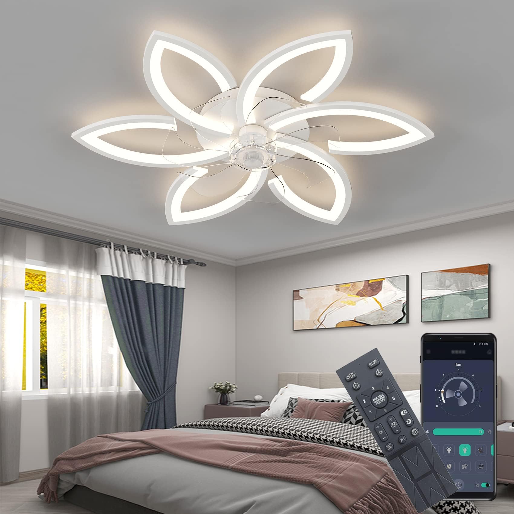 Silent Ceiling Fan with Light, Ceiling Fan with Remote Control and Lighting APP Dimmable Brightness 70W Creative Acrylic Flower Shape Ceiling Light with Fan (White)