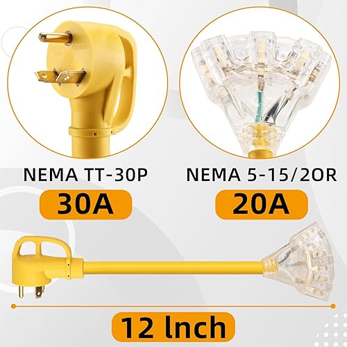 Miniatura 2 de RealPlus Cable adaptador de 30 amperios a 110 V para distribución de generador RV NEMA TT-30P macho a 3X 5-15R5-20R T-Blade Toma de corriente