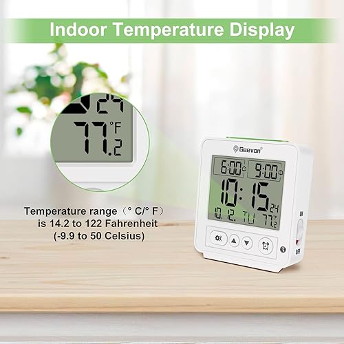 Miniatura 7 de Geevon Reloj despertador atómico de viaje con retroiluminación automática8s, 2 ajustes de alarma, detección de temperatura, aumento de sonidos