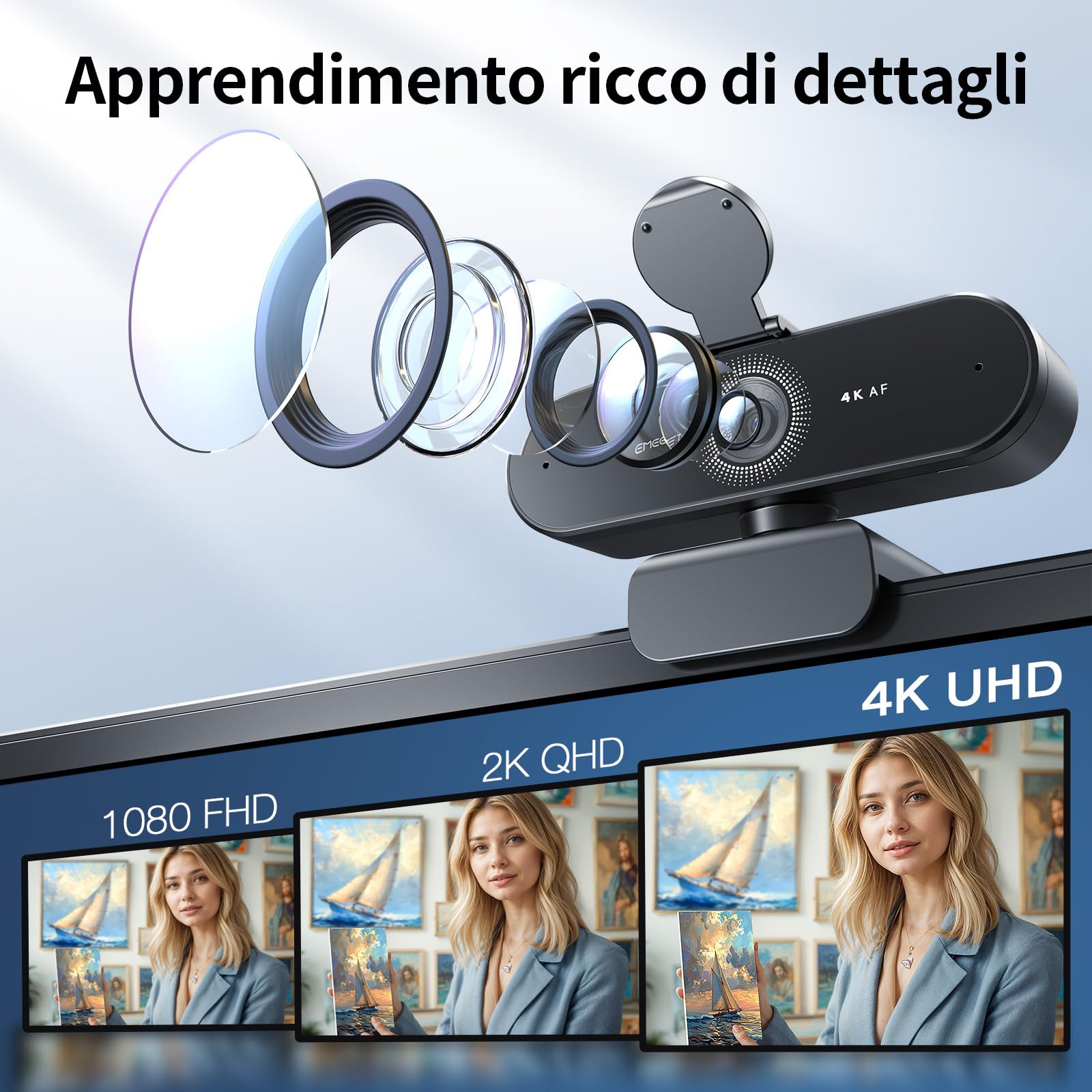 Webcam NOVA 4K, Webcam 4K con 2 Microfoni con presa d'aria, Camera Ultra HD con Visuale e Copertura dell'oggetto a 73°, Correzione Automatica della Luce PDAF, Web Cam per Mac, Laptop, Zoom, Skype