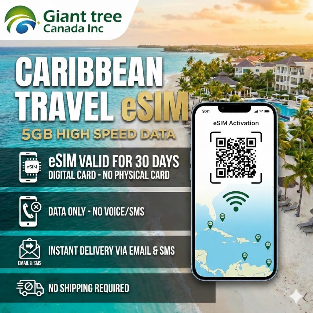 Prepaid eSIM for Caribbean & Latin America - 22 Countries/Islands Data Roaming Plan | 4G/LTE Speed | 5GB Data for 30 Days | No Physical SIM Needed | Works in Jamaica, Bahamas, Puerto Rico & More